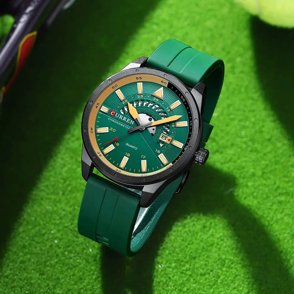 CURREN men's watch with green dial, black bezel and silicone strap