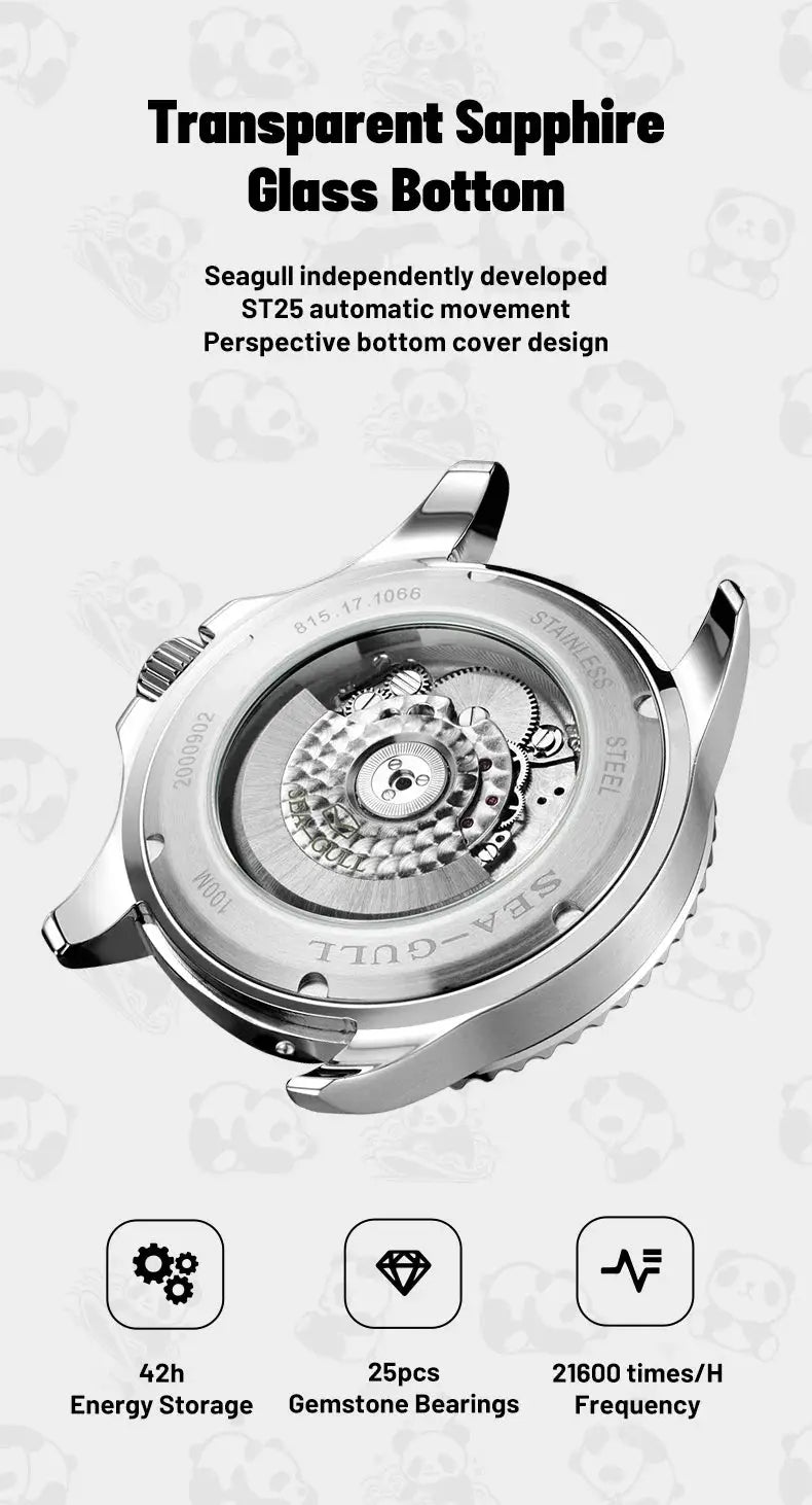Seagull stainless steel automatic diving watch with transparent sapphire glass bottom