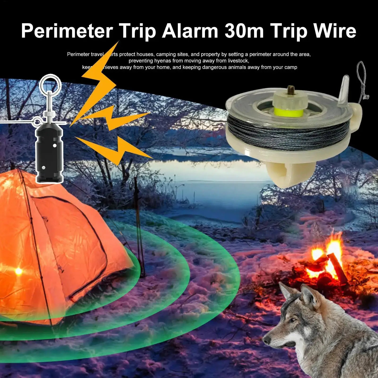 Perimeter alarm trip line kit with alarm unit and 30m weatherproof wire spool for camping