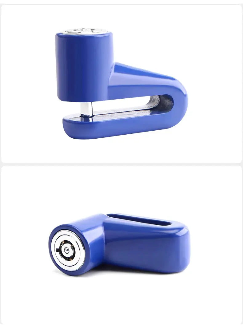 Motorcycle disc brake lock by Simples Market, blue anti-theft security device.