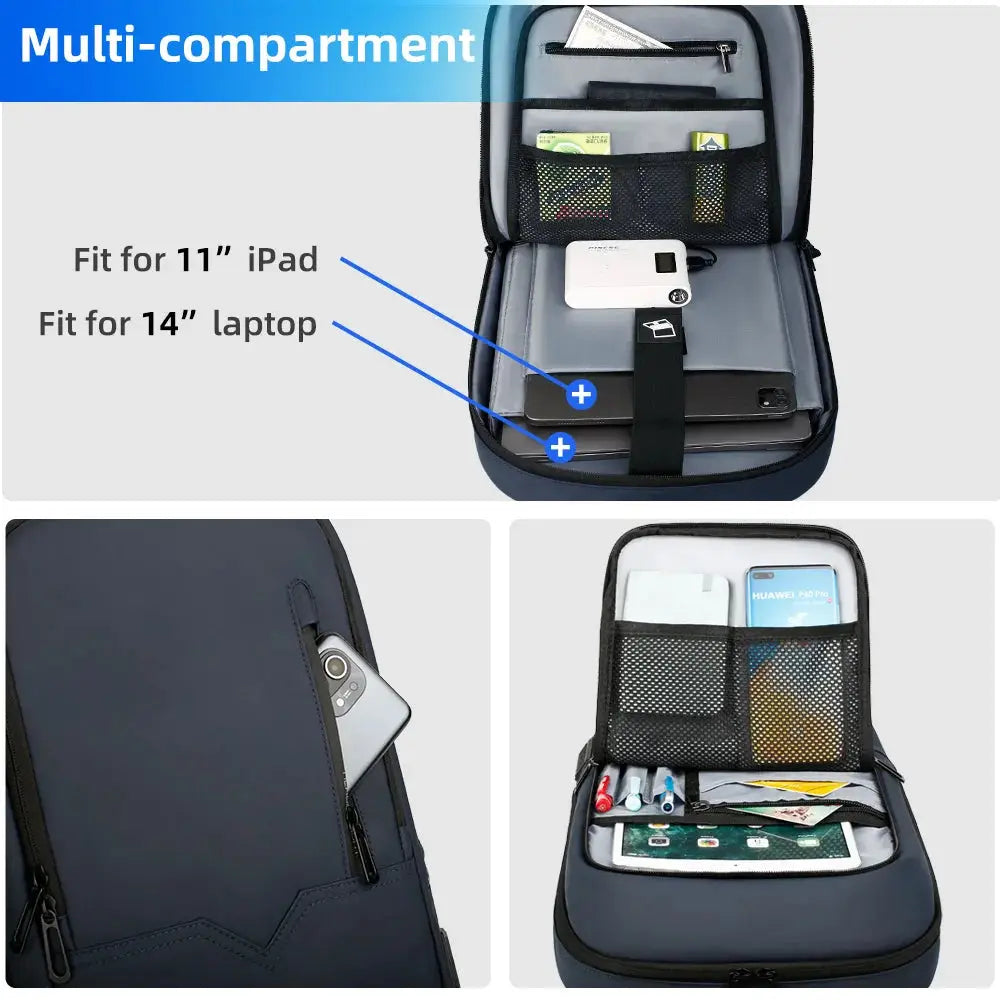 Simples Market HK Slim Backpack for men; navy blue waterproof 15.6-inch laptop bag with USB charging