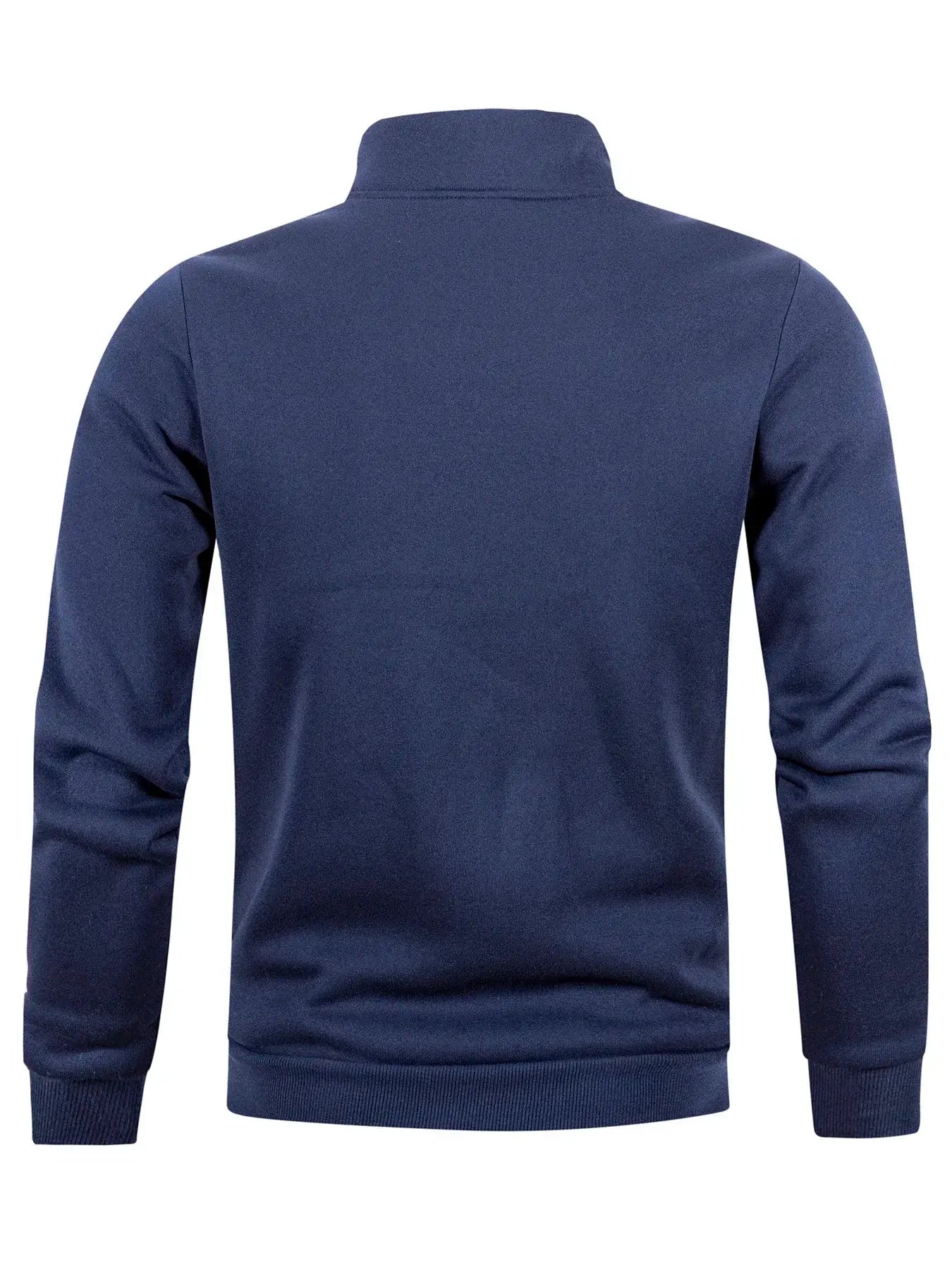 Men's navy blue pullover sweatshirt with stand collar, long sleeves and ribbed cuffs and hem - back view