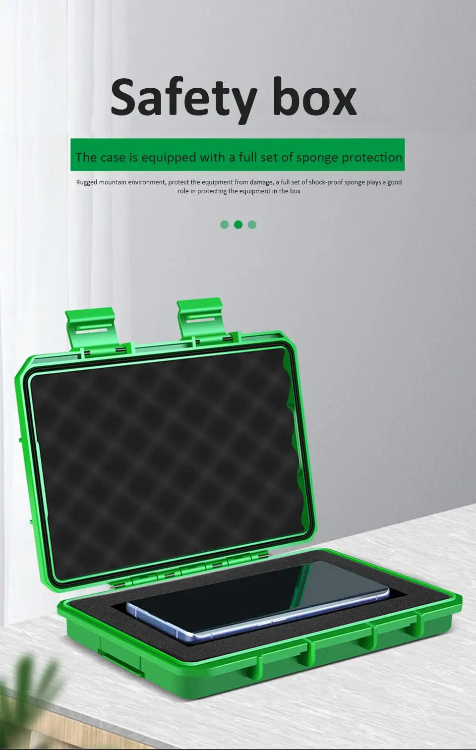 Simples Market waterproof storage case; green, shockproof box with foam padding for precision tools.