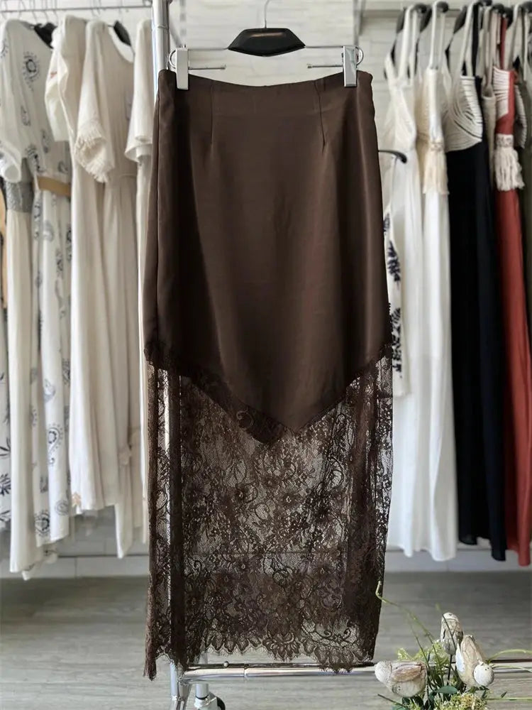 Trendix Patchwork Lace High Waist Hollow Out Maxi Skirt For Women Autumn Brown Boho Party Fashion