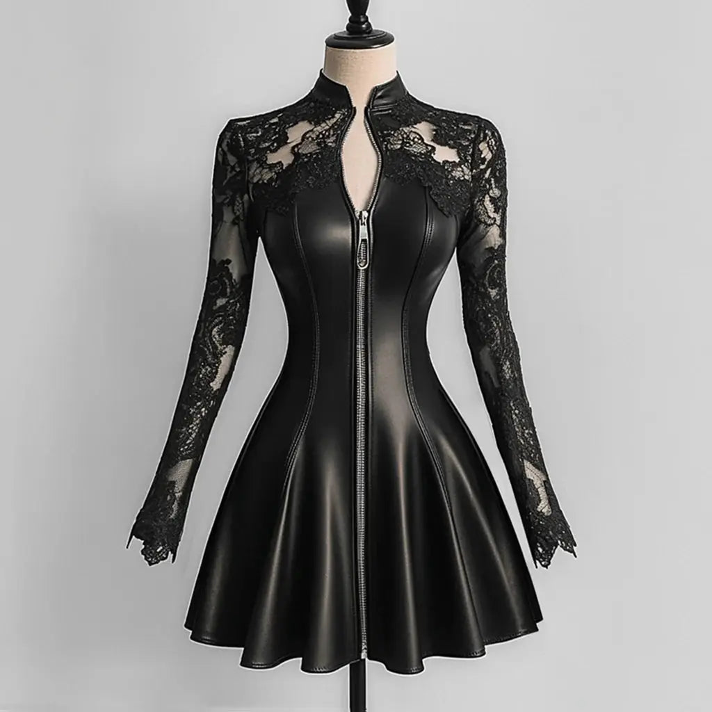Fashionable PU Leather Lace Waist Cinching Dress Zipper Autumn Winter