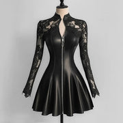Fashionable PU Leather Lace Waist Cinching Dress Zipper Autumn Winter