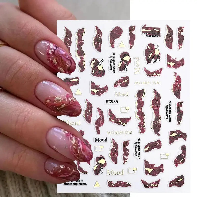 1-piece nail art decals sheet with bronzing striped burgundy designs and gold foil accents