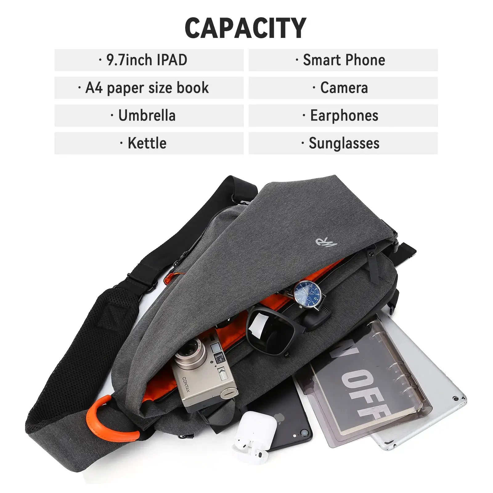 Simples Market anti-theft crossbody sling bag in gray fabric with orange interior, packed with camera and tablet accessories.