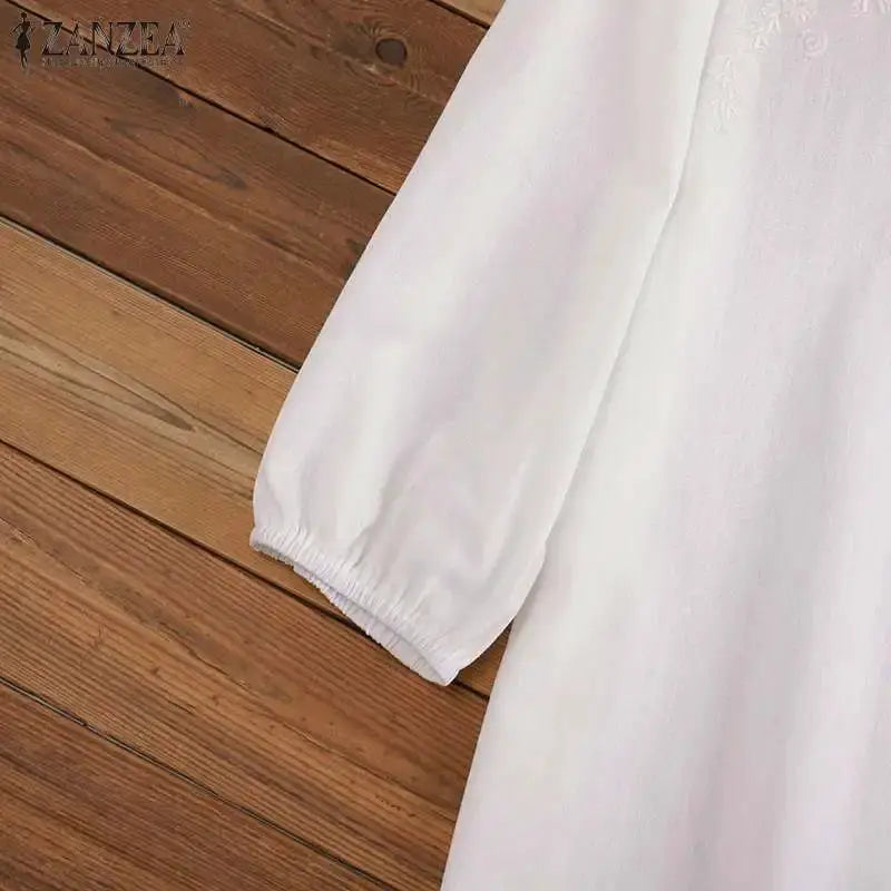 ZANZEA Summer Vintage Womens Blouse O Neck ThreeQuarter Sleeve Cotton
