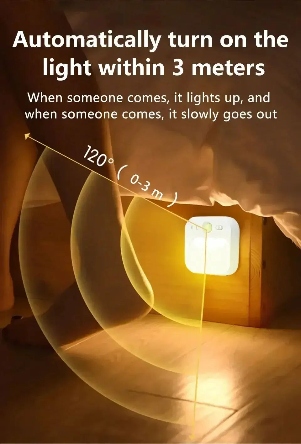 Rechargeable motion-sensor LED night light with magnet stick-on mount on a wooden cabinet, warm white glow.