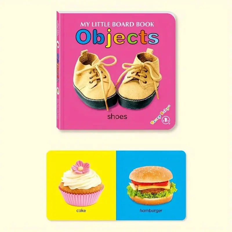 Colorful patterned card book with pink cover and shoes, plus two-panel flash cards showing cupcake and hamburger