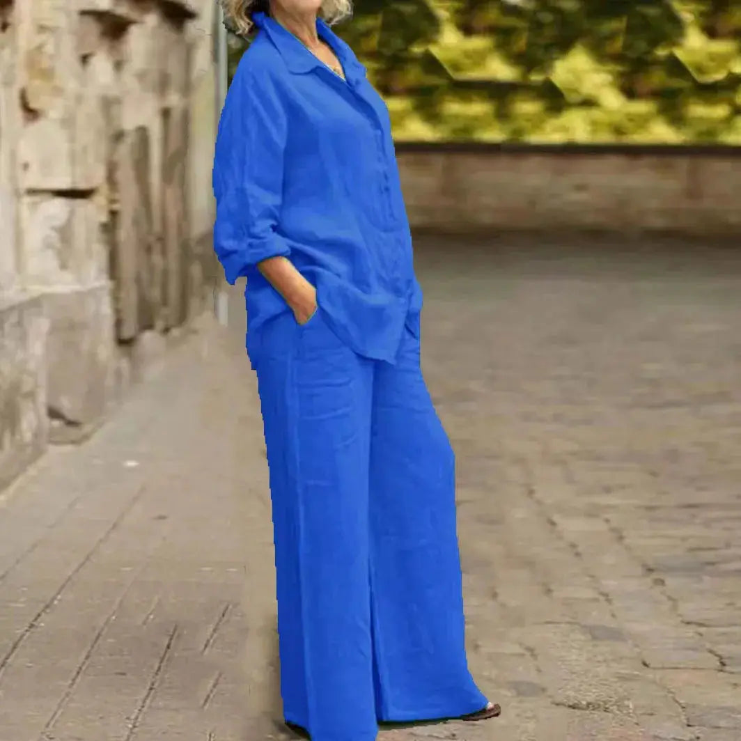 Cotton Linen Shirt Two Piece Set For Women With Wide Leg Trousers