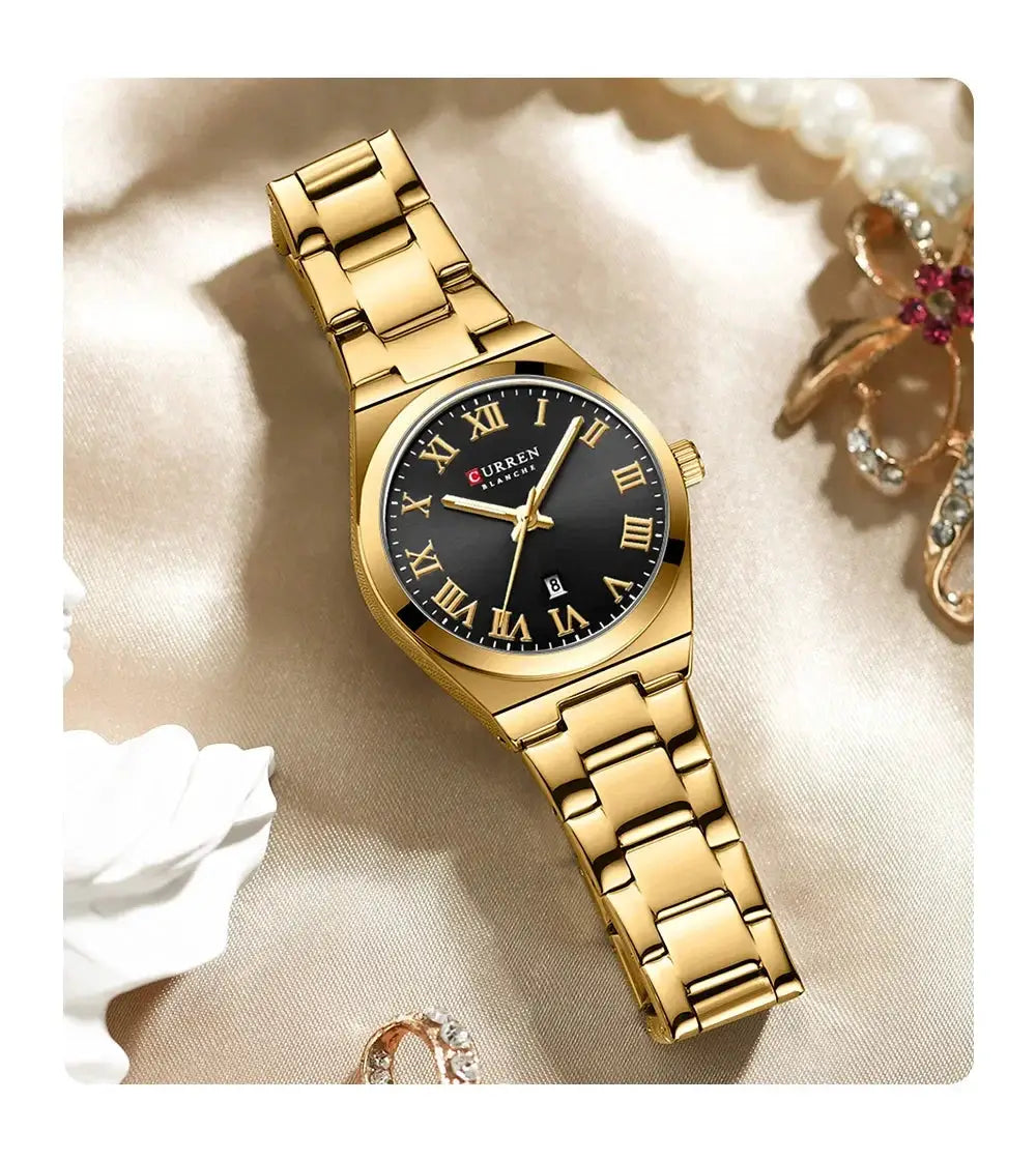 CURREN women's gold-tone stainless steel bracelet watch with black dial, Roman numeral markers and date window.