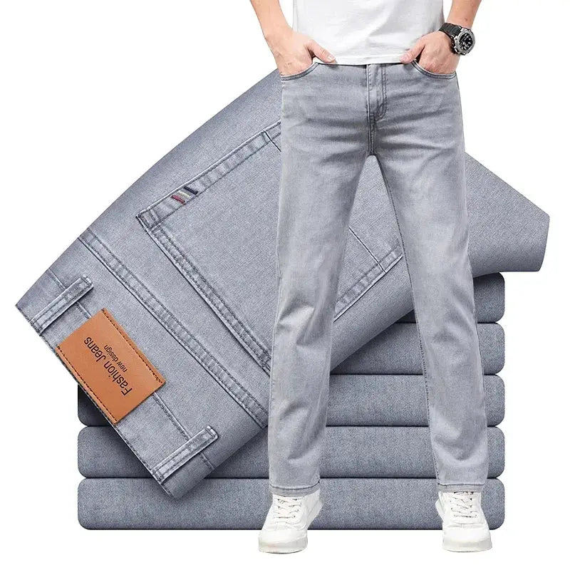 Men's light gray elastic cotton jeans, straight casual pants by Simples Market