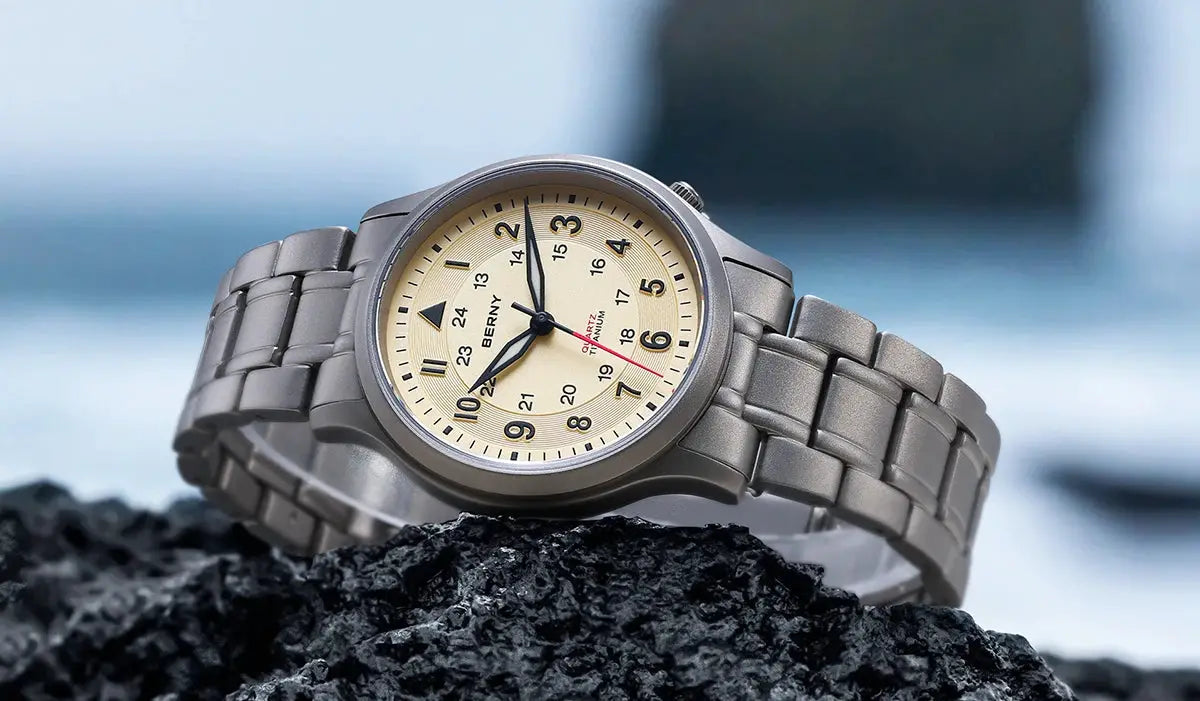 BERNY full titanium men's field watch with beige easy-read dial and titanium bracelet
