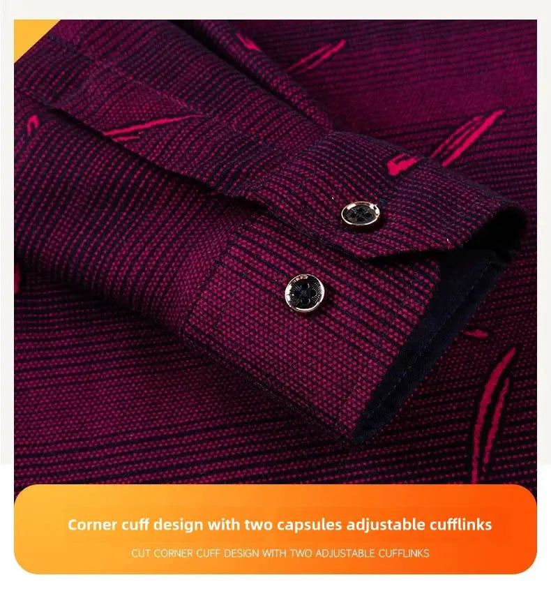 Men's long-sleeve burgundy plaid shirt cuff with two gold buttons