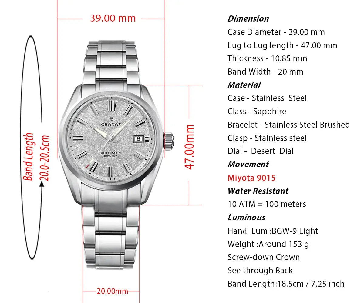 Cronos men’s stainless steel watch with birch pattern dial, 39mm case, Miyota 9015 automatic, sapphire crystal bracelet