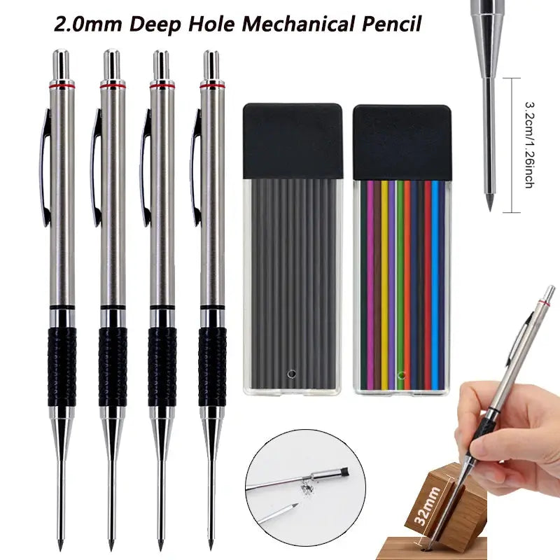 2.0mm Deep Hole Woodworking Mechanical Pencil set by Simples Market, 4 silver pencils with anti-slip knurled grips