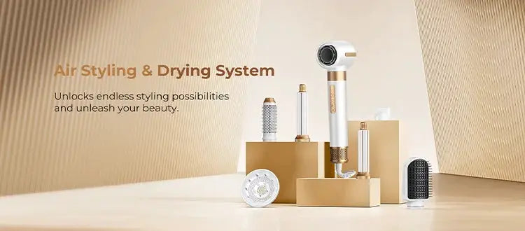 Simples Market 7-in-1 hair dryer brush, white and gold, with diffuser and styling attachments