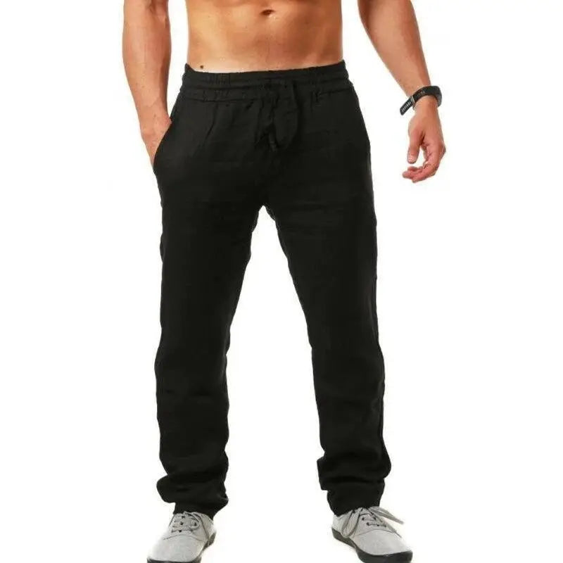 Linen wide-leg men's pants in black with drawstring waist, casual streetwear from Simples Market