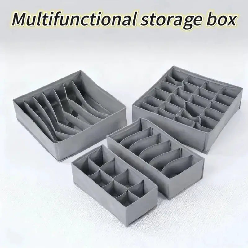 Simples Market gray four-piece multifunctional storage box set with divided compartments for drawers and wardrobe organization.