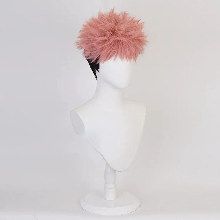 Cosplay wig Itadori Yuji rose-pink, short spiky style with inner mesh cap