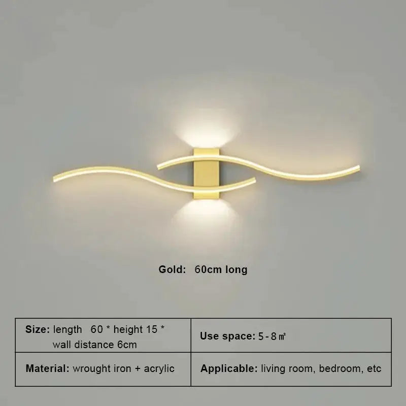 Moder LED Wall Lamp gold 60cm long, dual curved light strips around a central mount, Simples Market