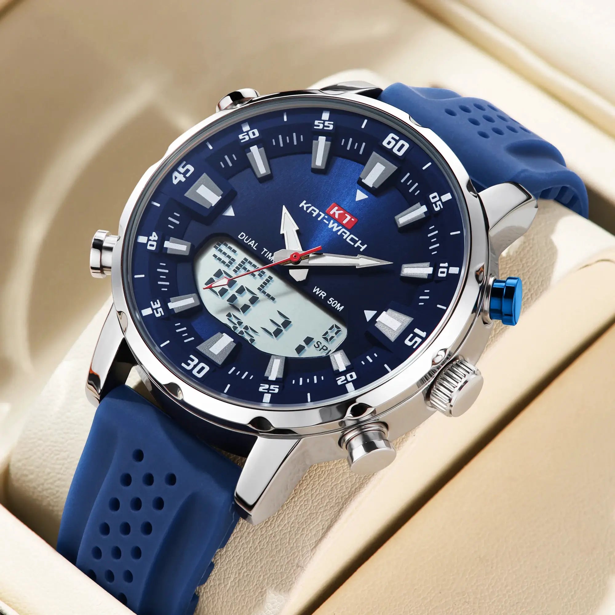 Mens Quartz Watch With Multifunction LED Analog Digital Display Waterproof Timepiece Rugged Alloy Case