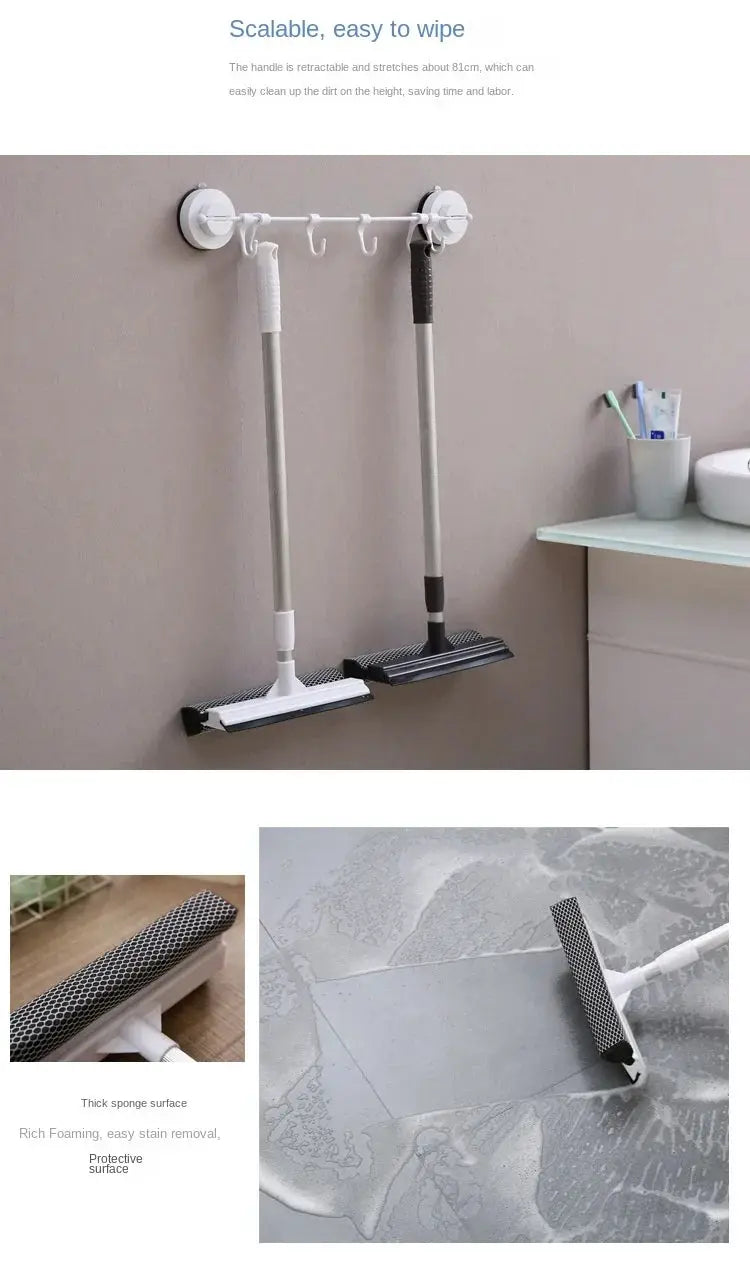 Two retractable-pole window cleaners mounted on a wall with white and black handles