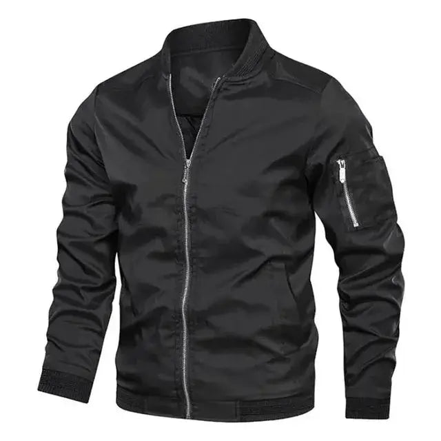 Spring Autumn Men's windbreaker jacket; black lightweight zip-up coat with pockets and ribbed cuffs