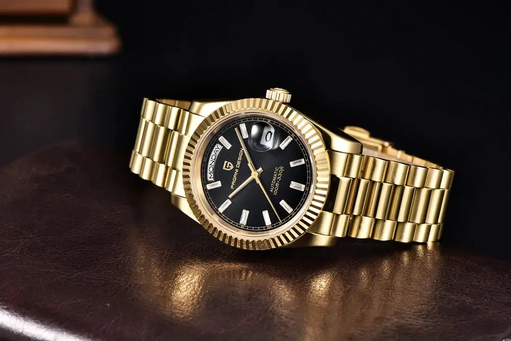 Gold-tone Pagani Design men's automatic wristwatch with black dial and fluted bezel
