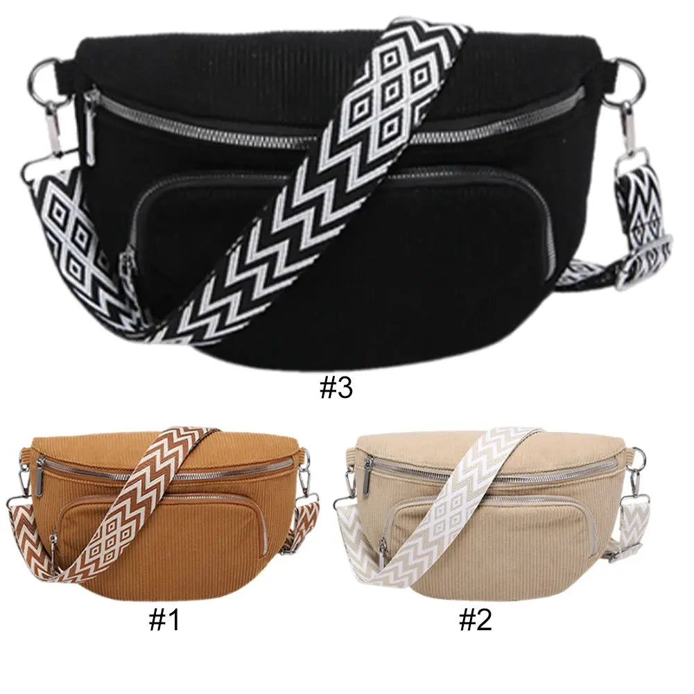 Simples Market corduroy chest bag fanny pack with wide chevron strap; 3 color options (black, tan, beige) multi-pocket