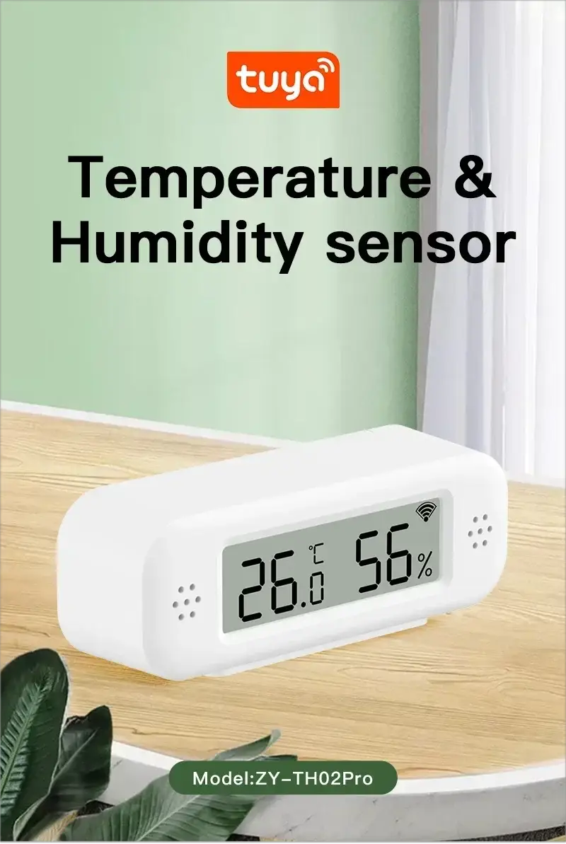 Tuya temperature and humidity sensor in white with digital display showing 26.6°C and 56% humidity; model ZY-TH02Pro.