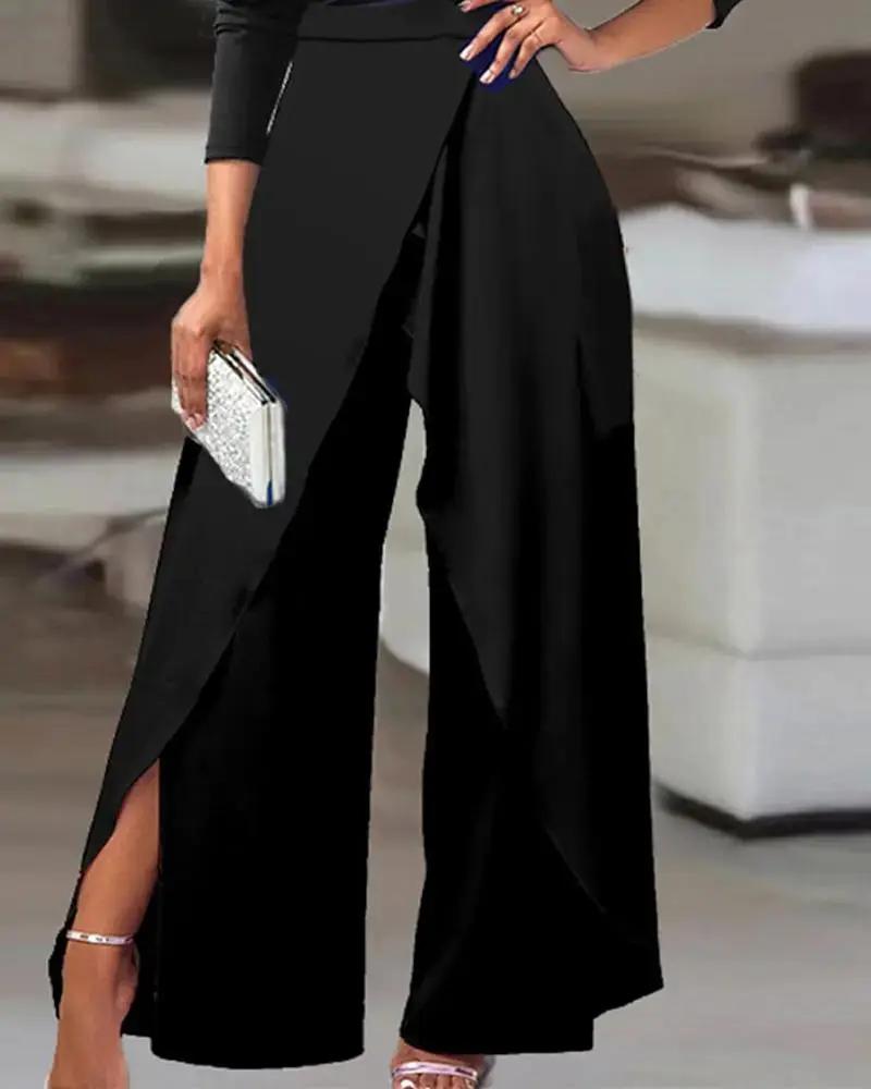 Jumpsuit black one-shoulder with ruched detail and split-hem wide legs, Simples Market.