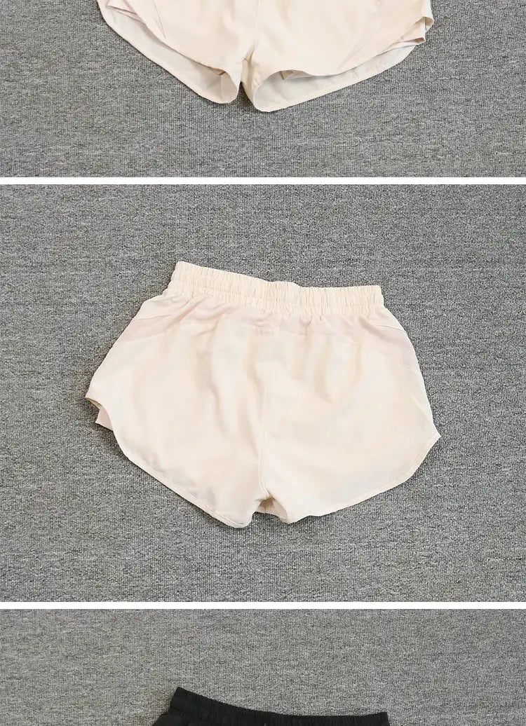 Simples Market women's running shorts, 3-pack in beige and black, elastic waist, breathable quick-drying fabric.