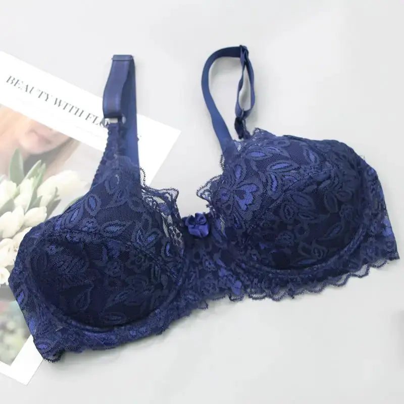 Simples Market lace bra, navy blue, floral lace cups, push-up underwire, adjustable straps