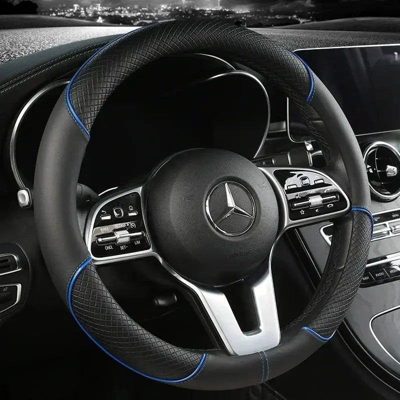 Steering wheel cover black microfiber leather with blue stitching, 38 cm, non-slip; Mercedes wheel shown