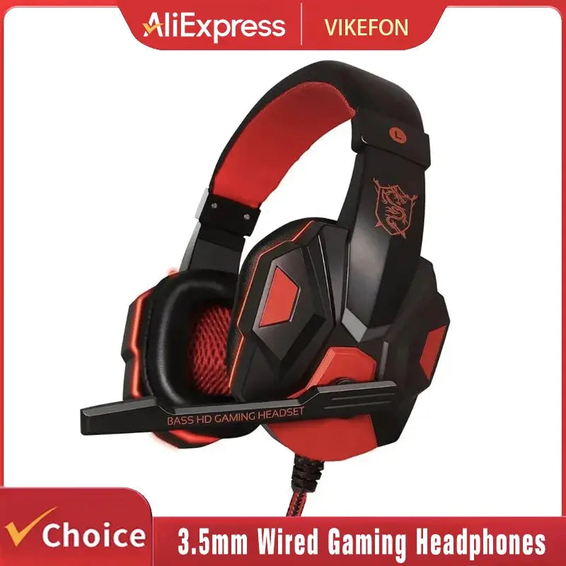 3.5mm wired gaming headset with microphone, Simples Market, red and black, bass HD design, 120° adjustable ear cups