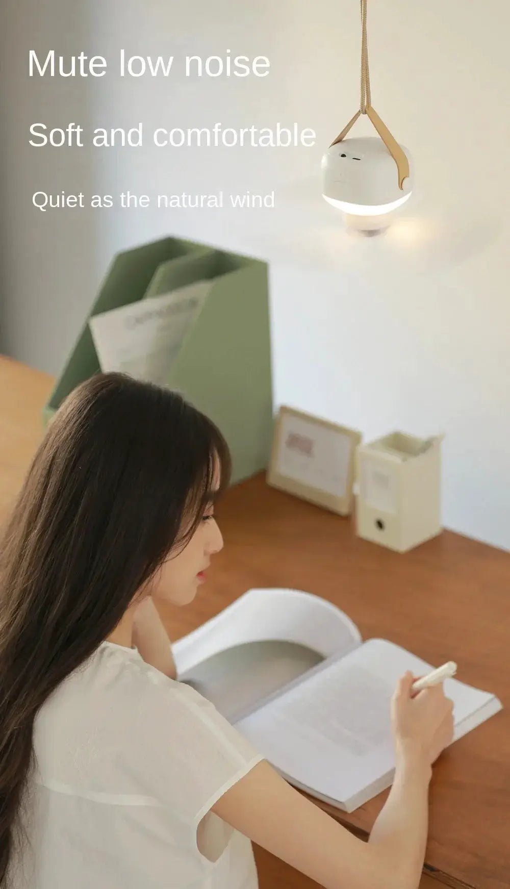 Portable wireless mini ceiling fan light; white plastic with a brown hanging strap and LED ring