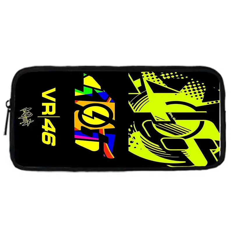 VR46 Rossi kids backpack with neon yellow graphic on black background