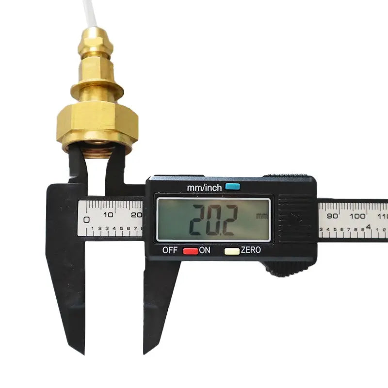 Camping gas refill adapter by Simples Market, brass fitting shown with caliper at 20.2 mm