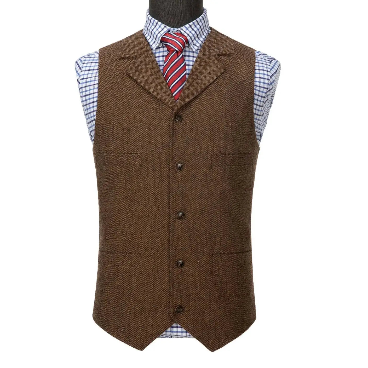 Brown wool tweed waistcoat with herringbone pattern and button front