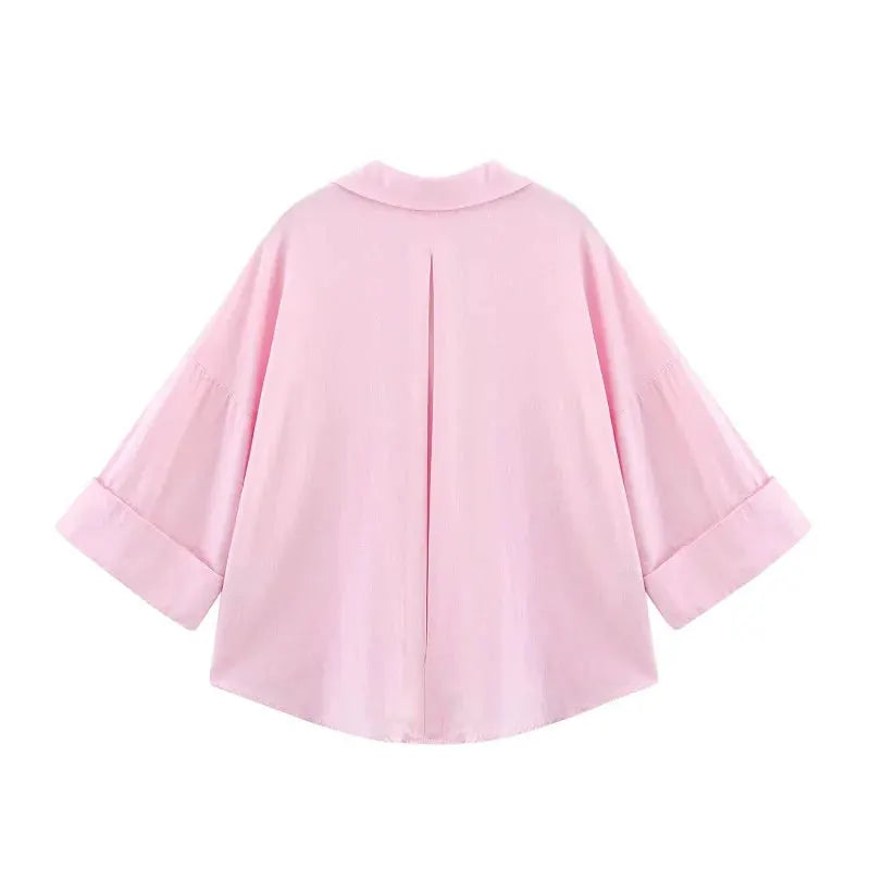 Women's pink loose-fit shirt with wide cuffed sleeves by Simples Market