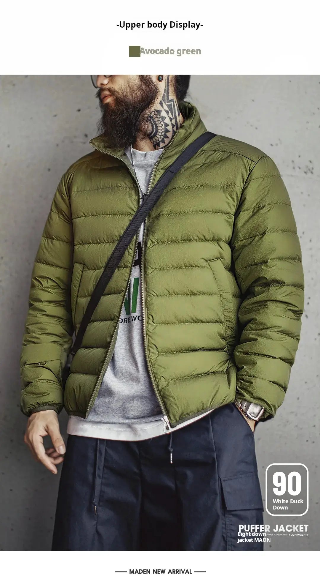 Maden Winter men's avocado green stand-up collar down jacket; lightweight puffer with white duck down filling