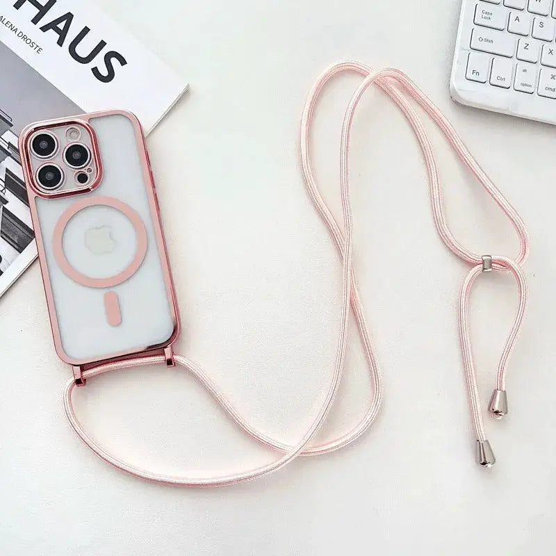 Crossbody lanyard phone case by Simples Market in rose pink with clear back and MagSafe ring