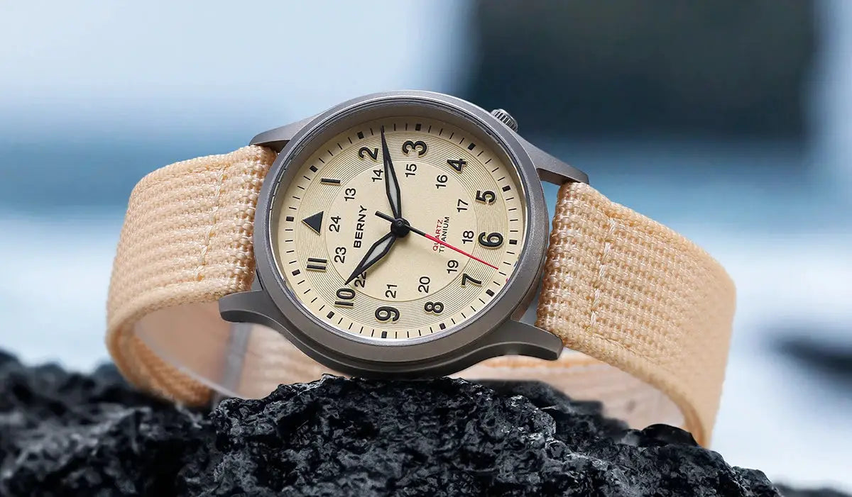 BERNY titanium men's field watch with beige dial, grey case and tan canvas strap