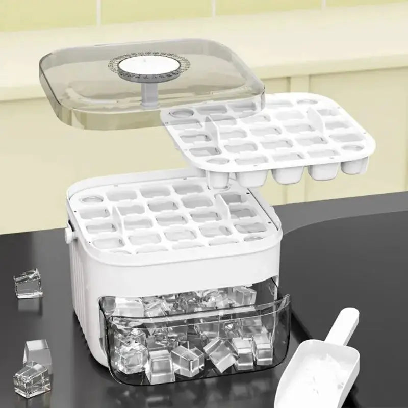 Ice cube maker Simples Market, white 50-grid double-layer press-type with lid and storage drawer