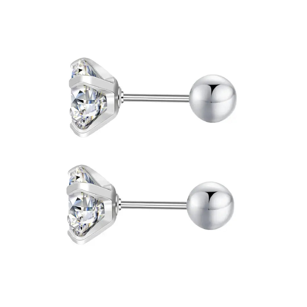 Stainless Steel Titanium Round Cubic Zirconia Stud Earrings for Women and Men with Screw Back Closure Silver