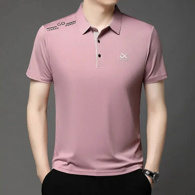 Men's pink polo shirt, solid color with chest badge logo, short sleeves.
