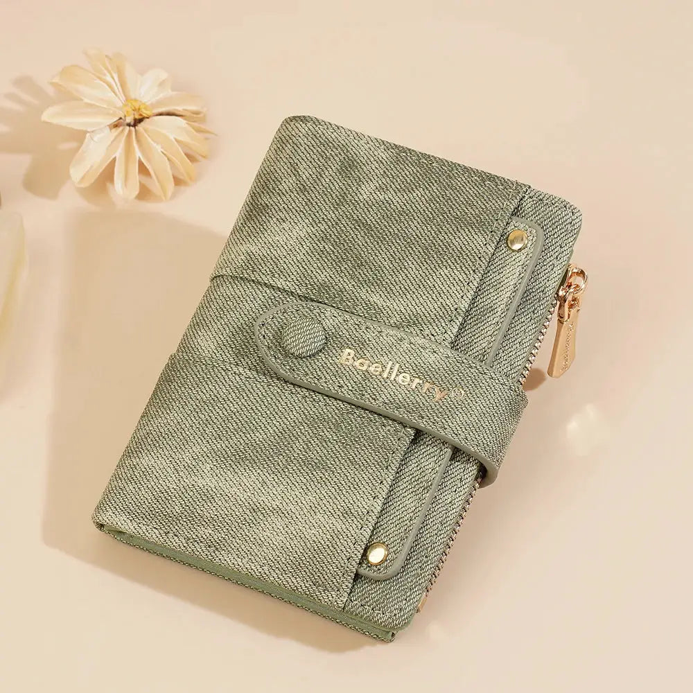 Baellerry women's short wallet with zipper coin pocket, olive-green textured fabric and detachable card clip